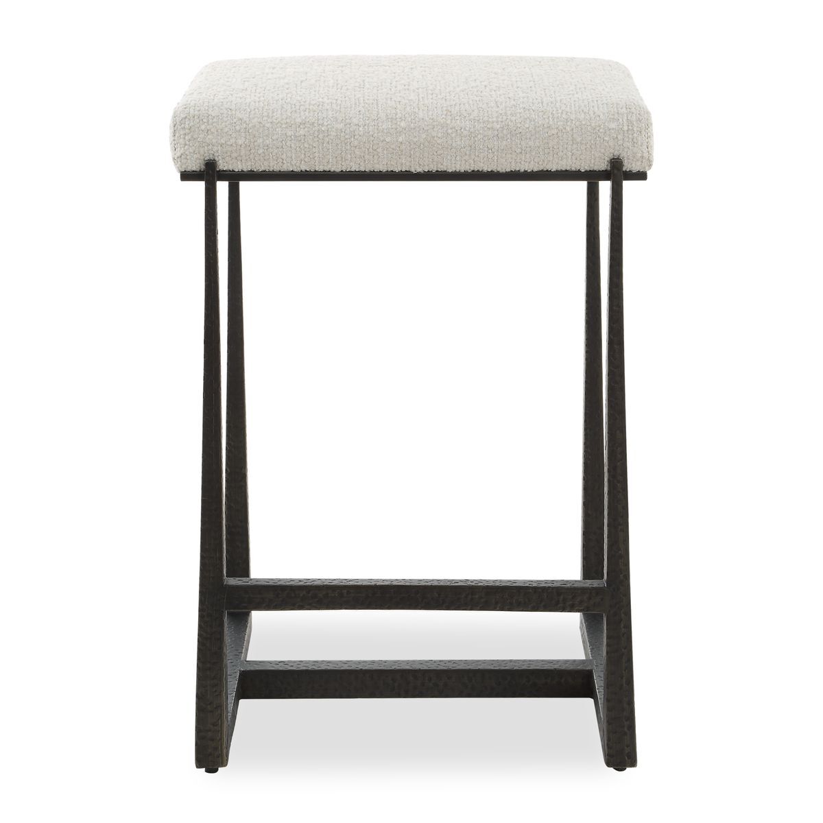 White counter stool with bronze legs.