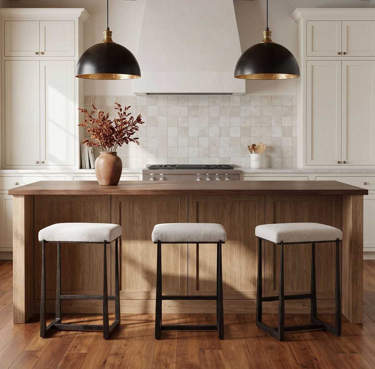 White counter stool with bronze legs in modern kitchen.