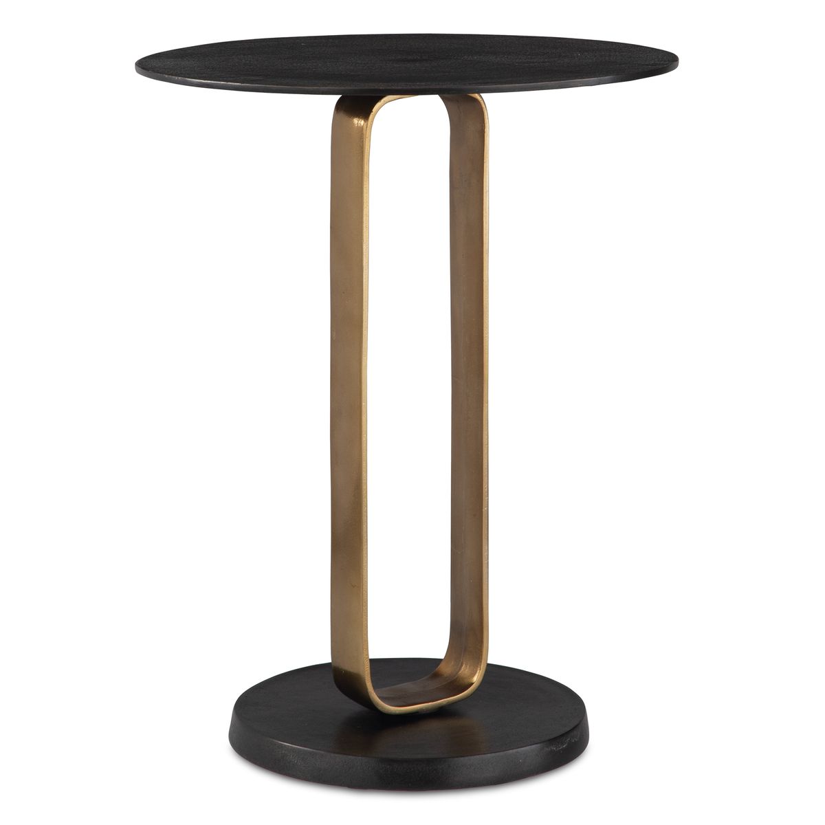 Small round table with black top and gold curved legs on a white background