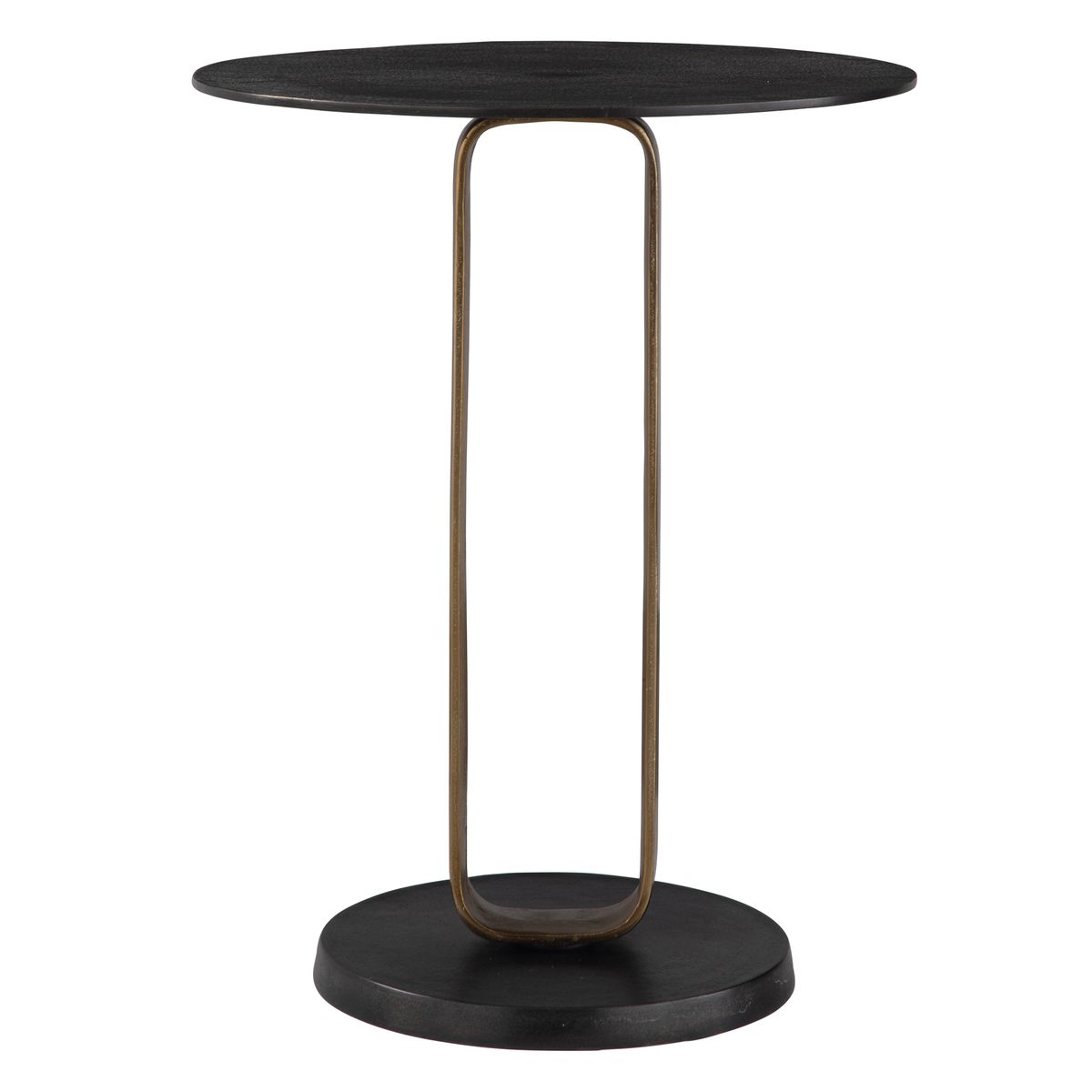 Black side table with a unique design on a white background