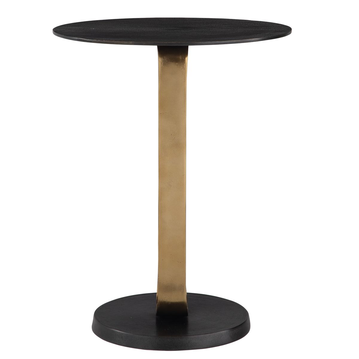 Round black table with a gold cylindrical central leg on a white background