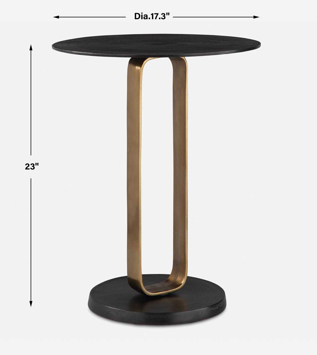 Small round table with black top and bronze base on a white background