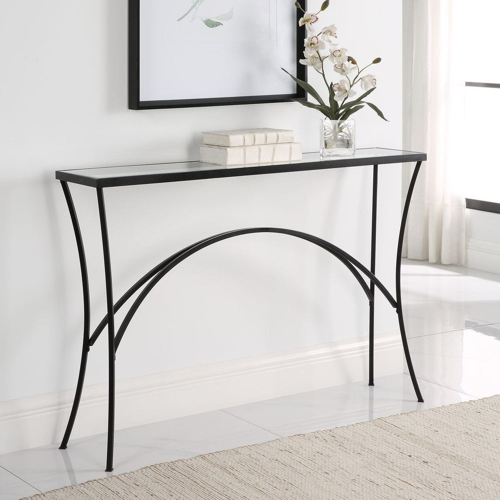 Black and glass console table.