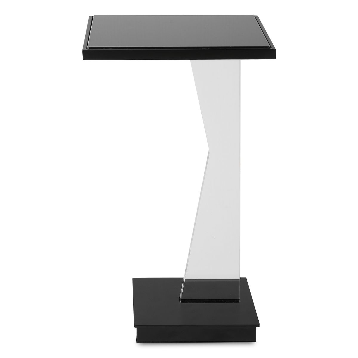Modern side table with black glass top and white base on a white background