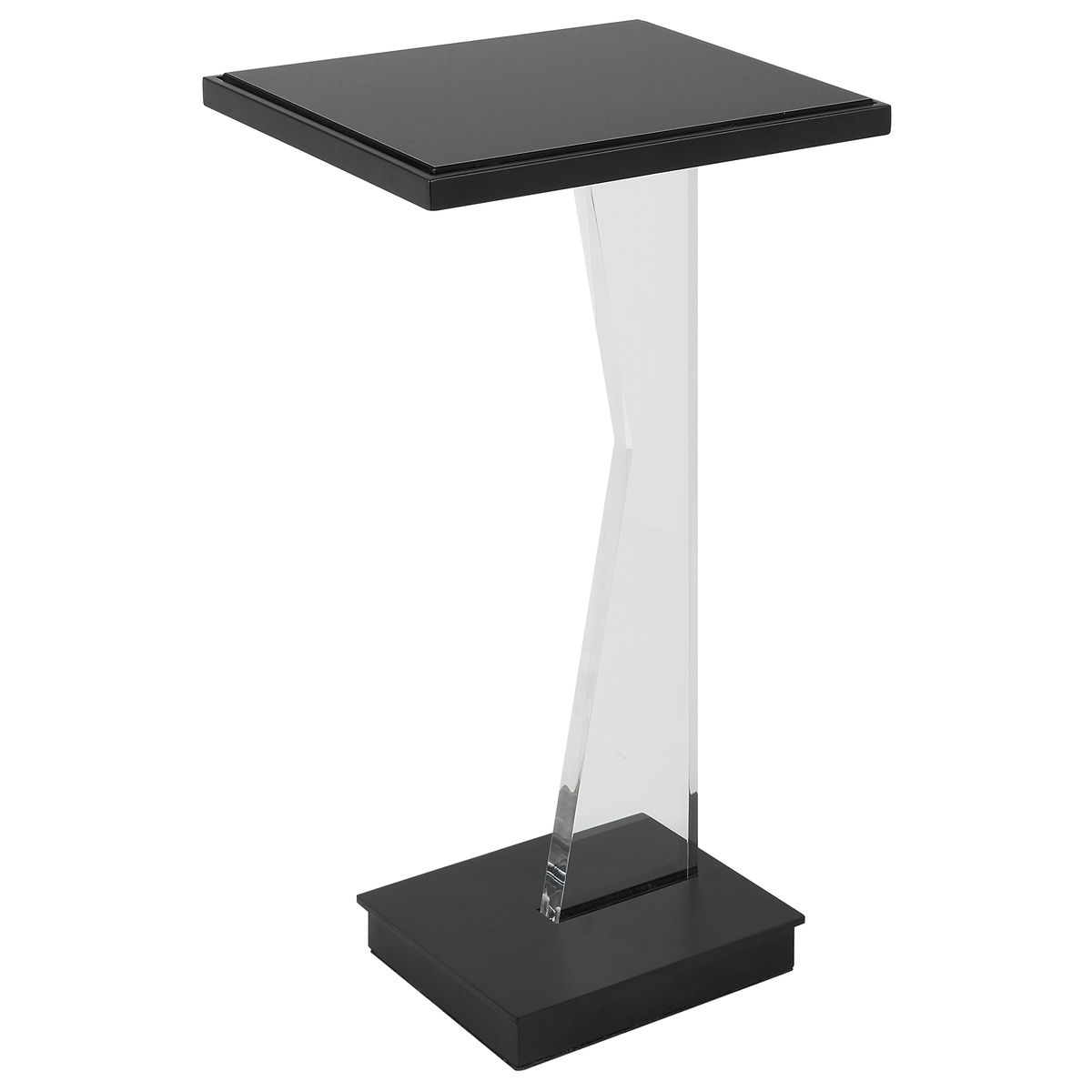 Black pedestal table with a clear acrylic stand on a white background