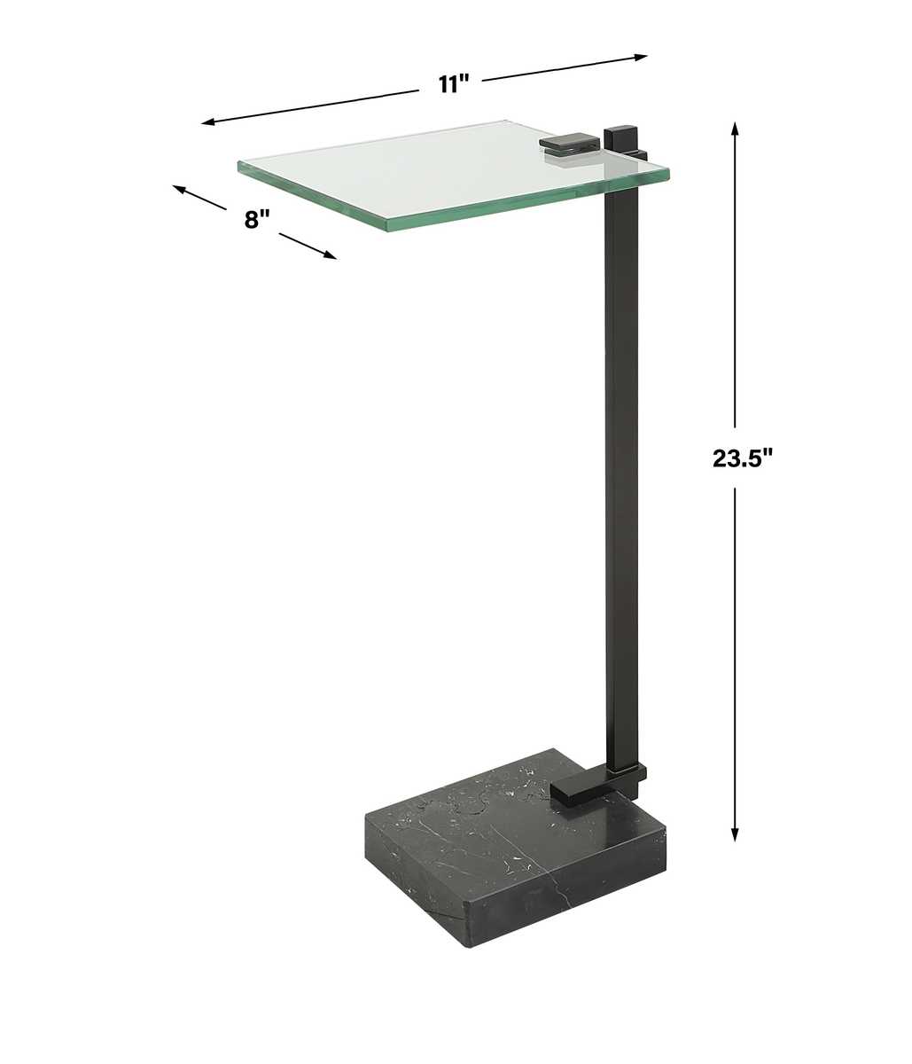 Glass table with dimensions labeled on a white background