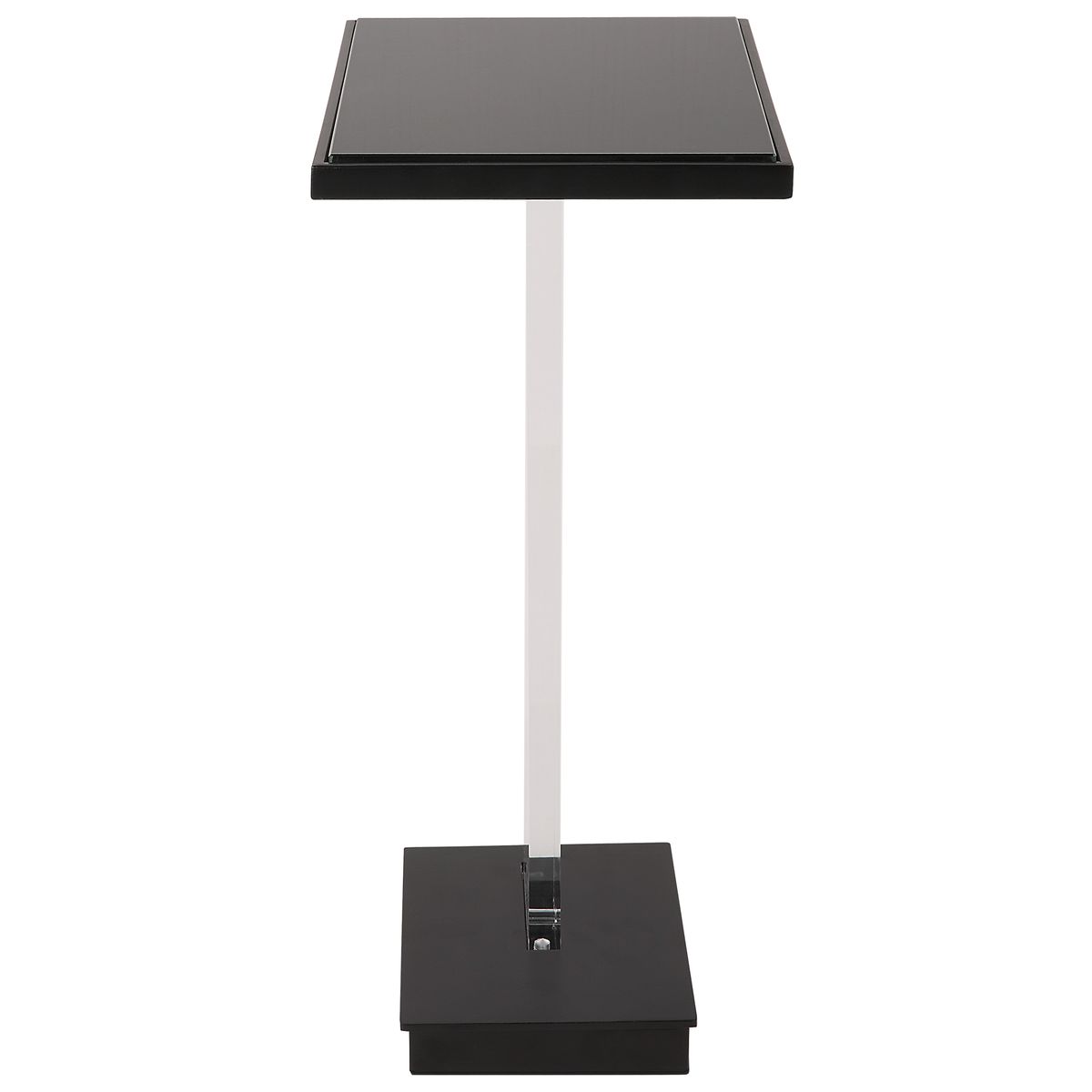 Black side table with a white pedestal on a white background