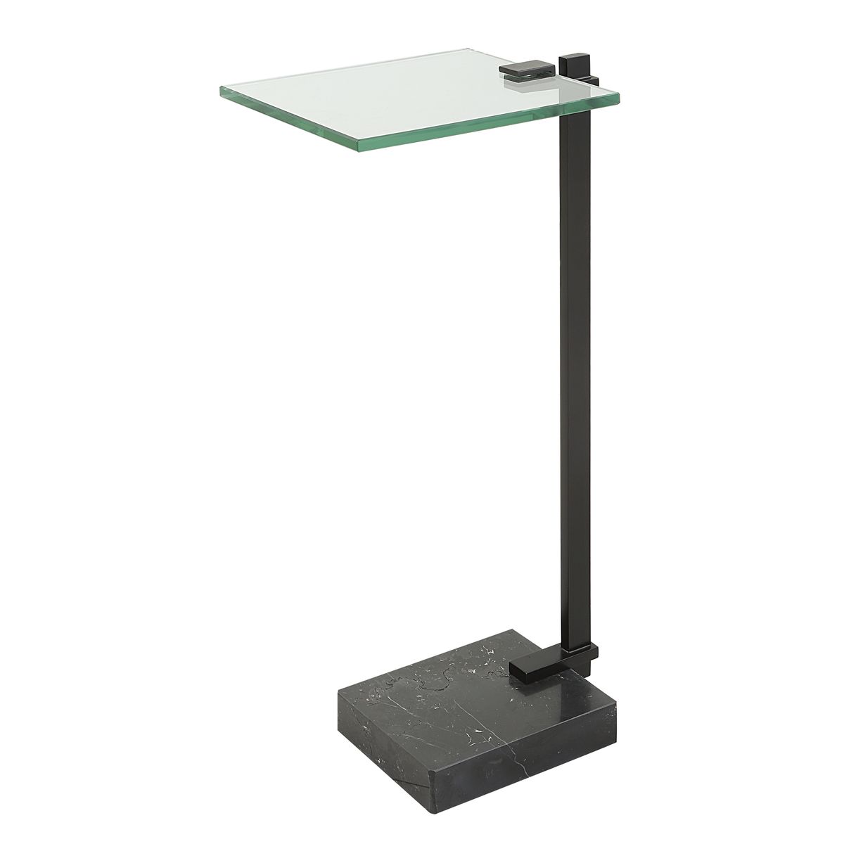 Glass top table with black metal base on a white background