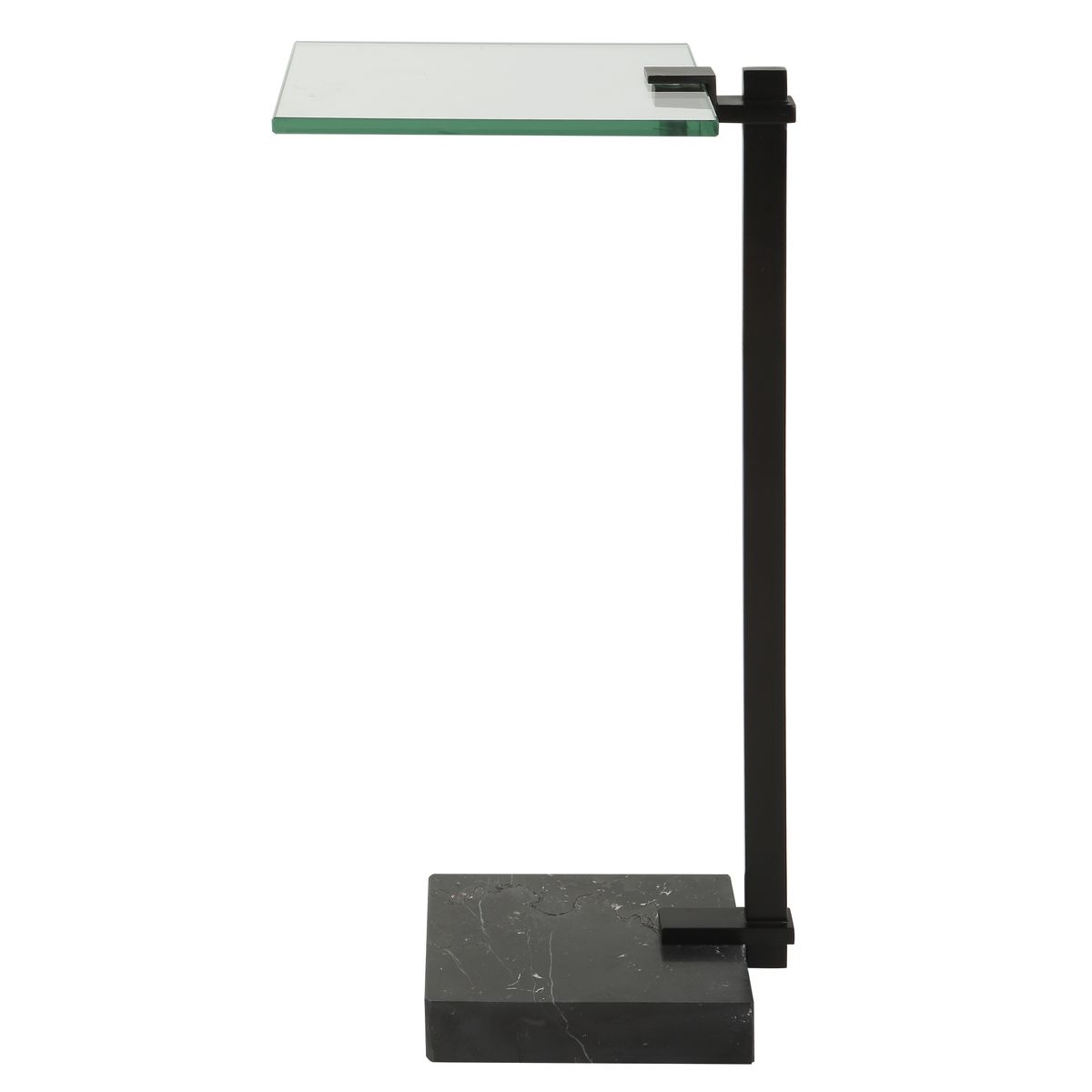 Modern side table with glass top and black metal frame on a white background