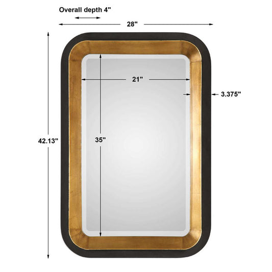 A rectangular wall mirror with a black frame and warm gold inner trim, mounted above a double-sink bathroom vanity with a white brick wall and two black sconces.
