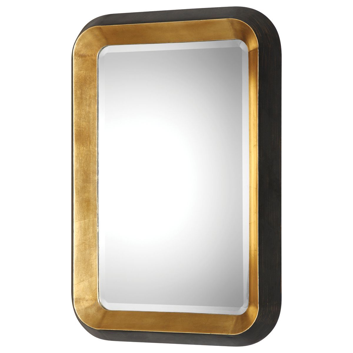Rectangular mirror with a gold and black frame on a white background