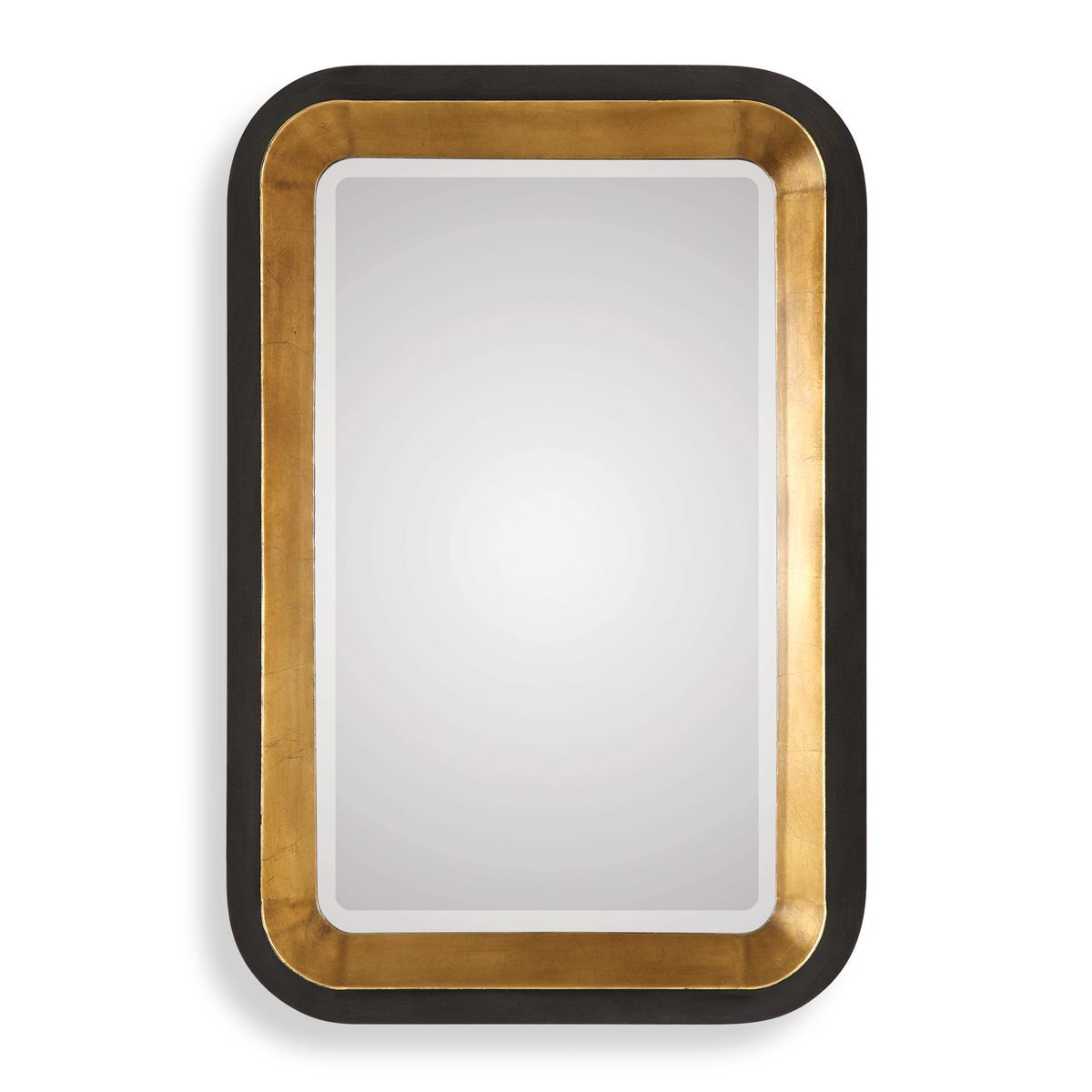 Rectangular mirror with a gold and black frame on a white background