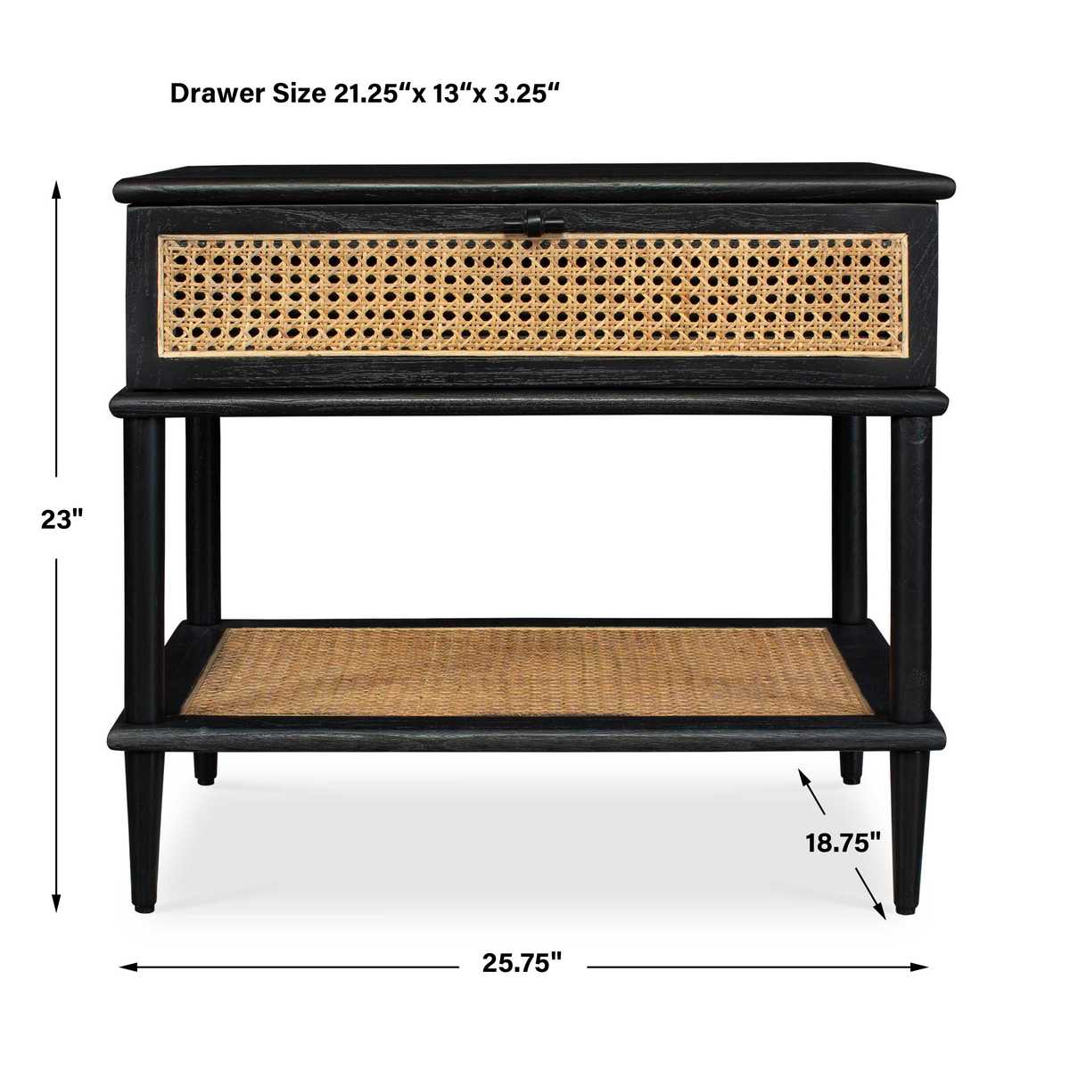 Black console table with wicker shelf and drawer, showing dimensions on a white background