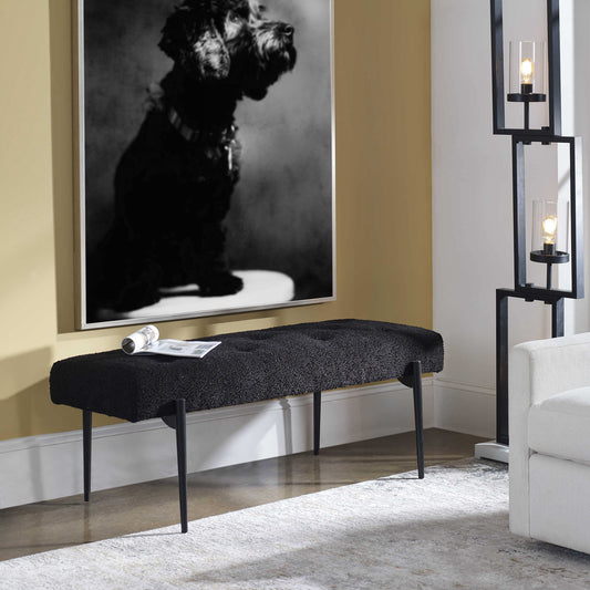 Black entryway bench in transitional style living room with a photo of a dog and a rug and a black decorative floor lamp.