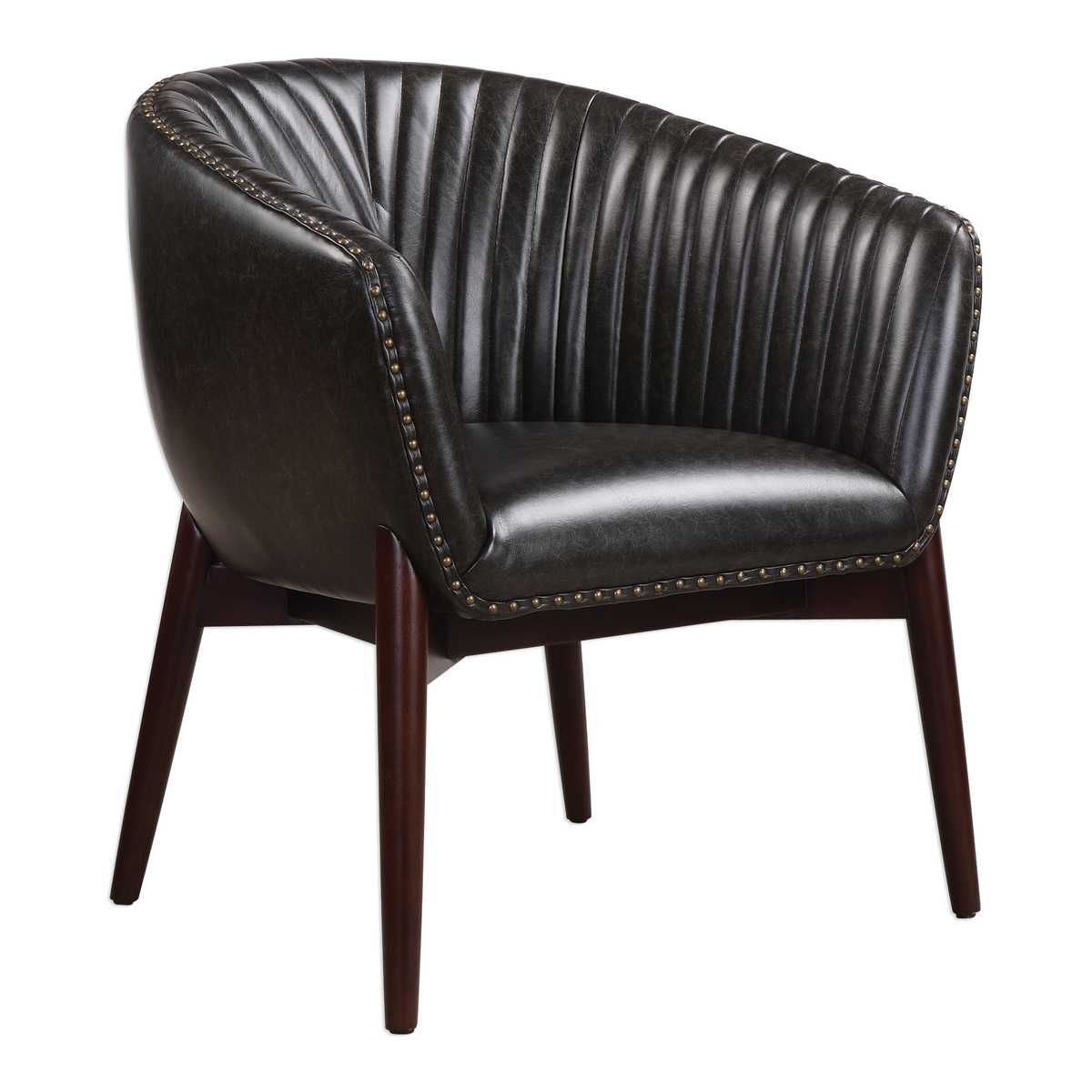 Black faux leather accent chair.