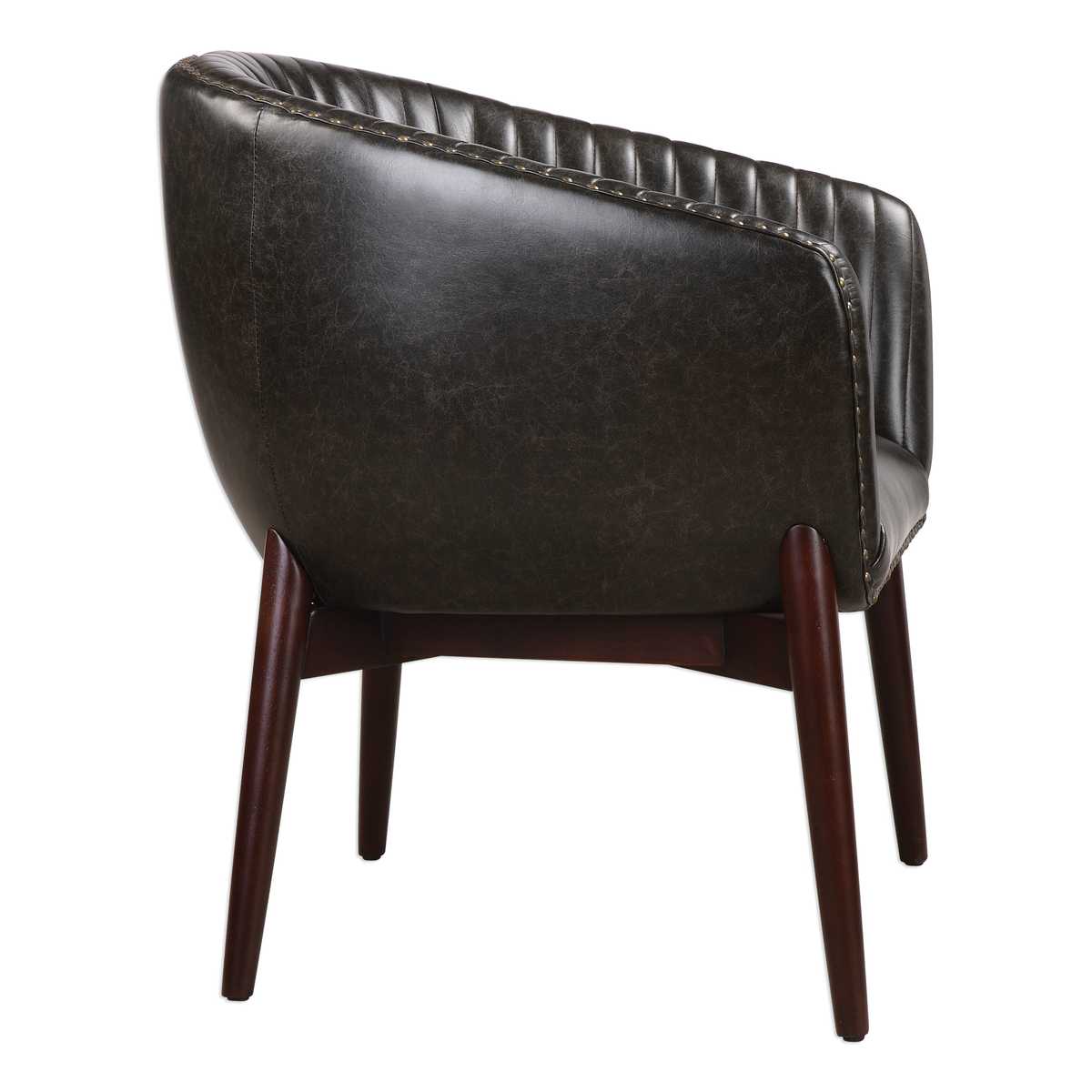 Black faux leather accent chair.
