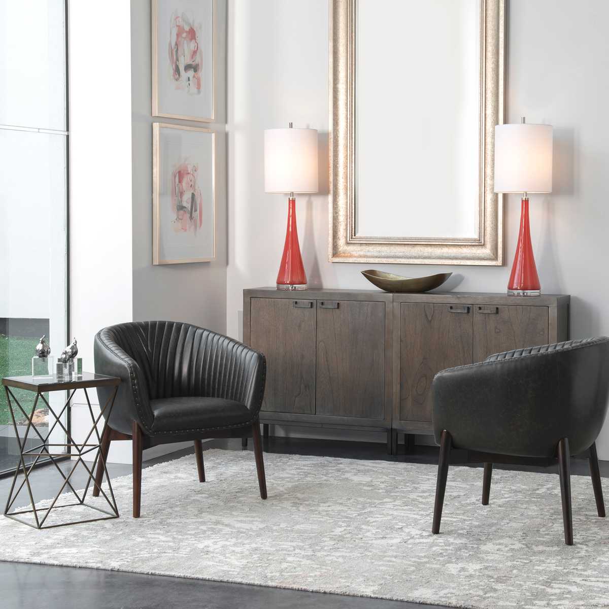 Black faux leather accent chair.