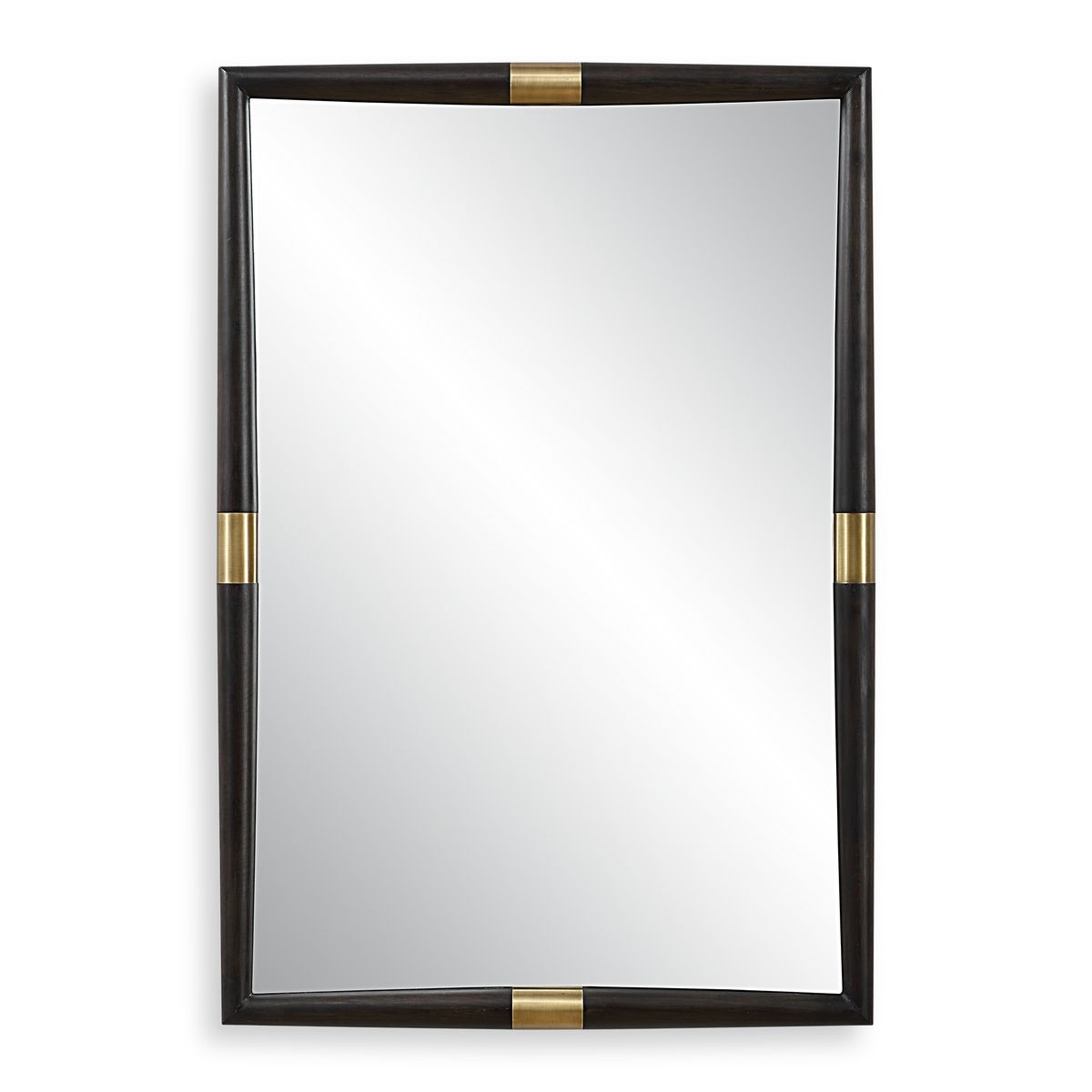 Rectangular mirror with black frame and gold accents on a white background