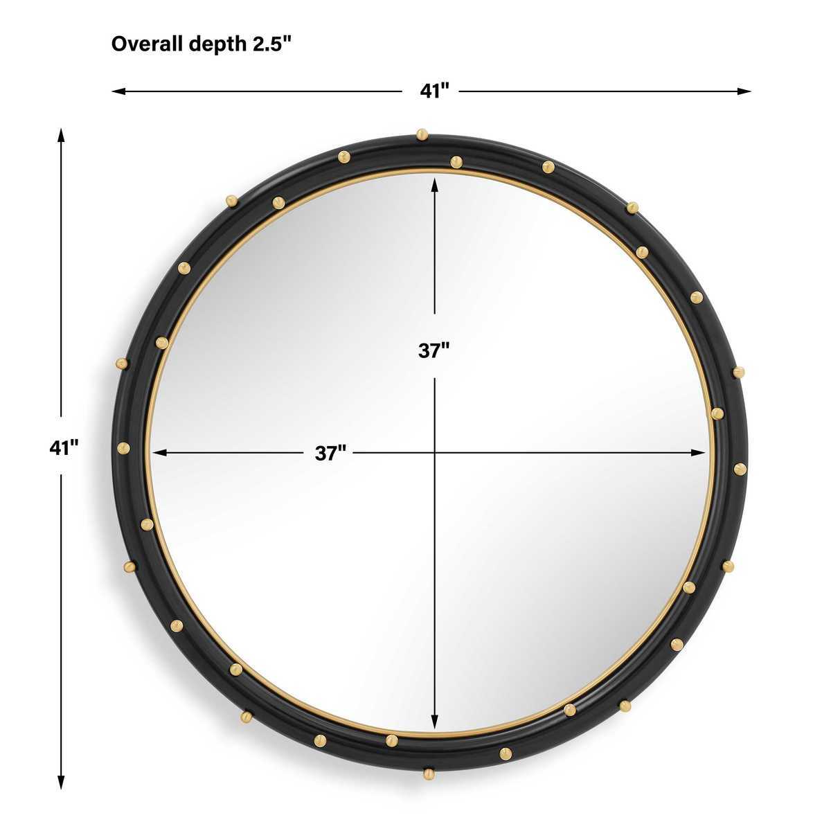 Round mirror with black frame and gold studs, showing dimensions on a white background