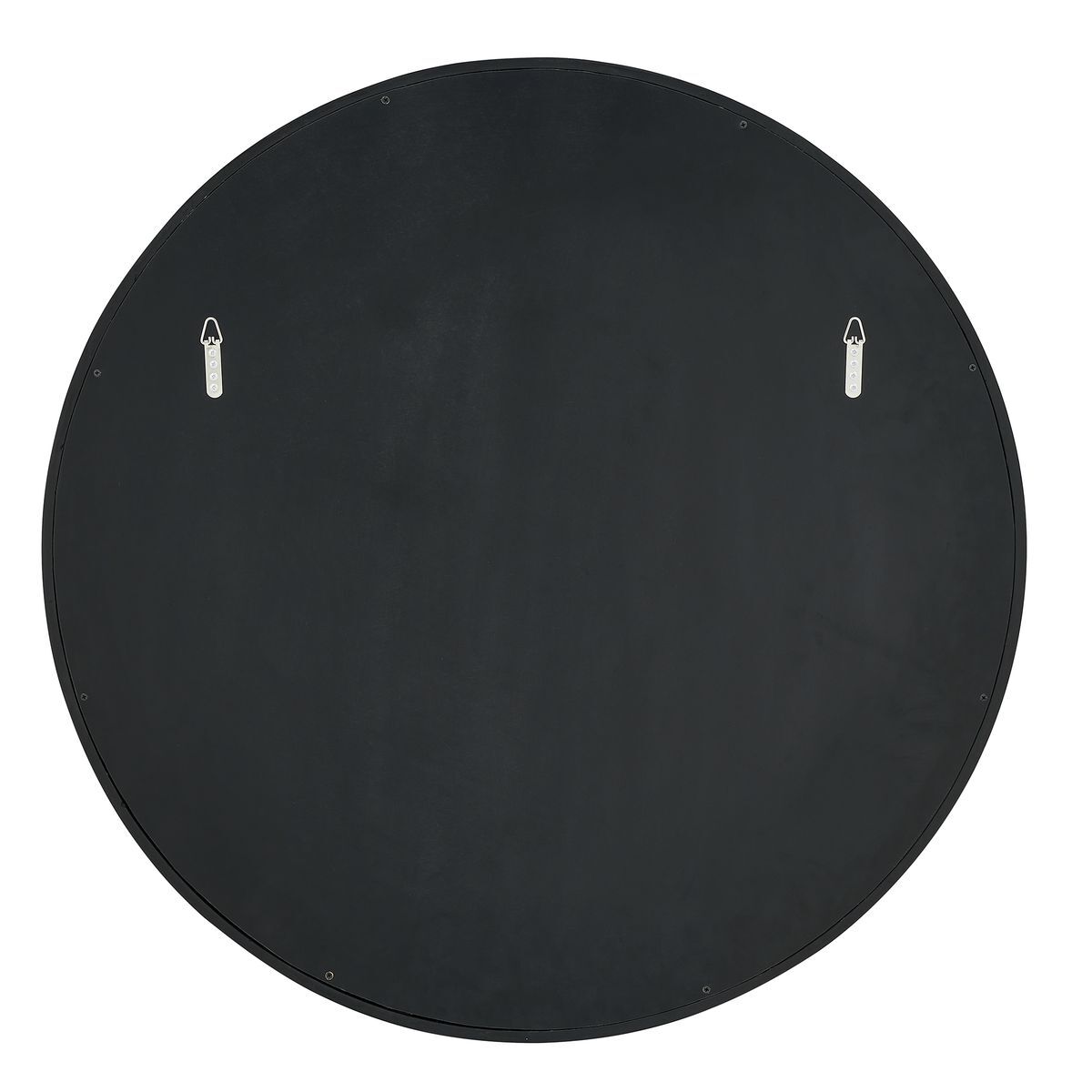 The back view of a round black wall art panel or frame, featuring two silver metal hanging hooks on a solid white background.