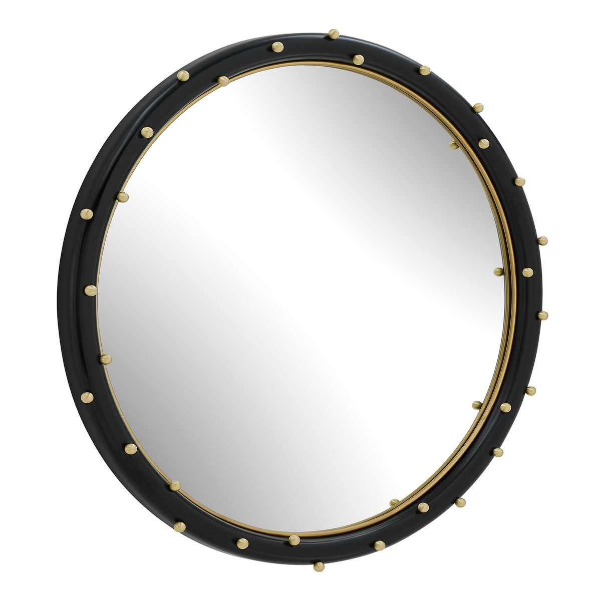 Round mirror with black frame and gold studs on a white background