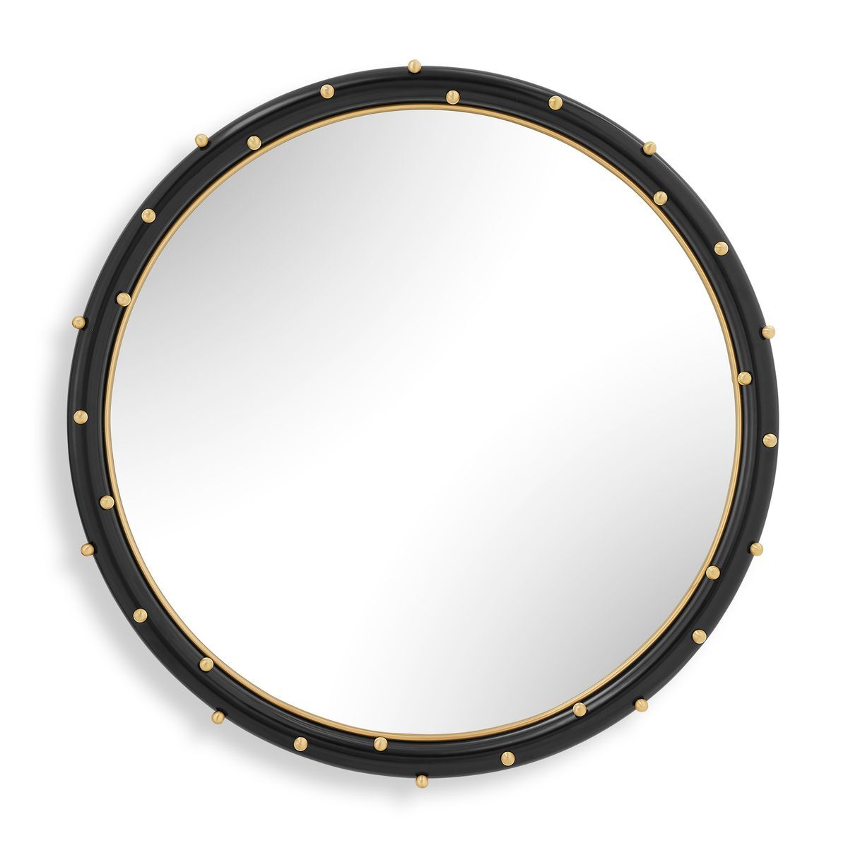 Round mirror with black frame and gold accents on a white background