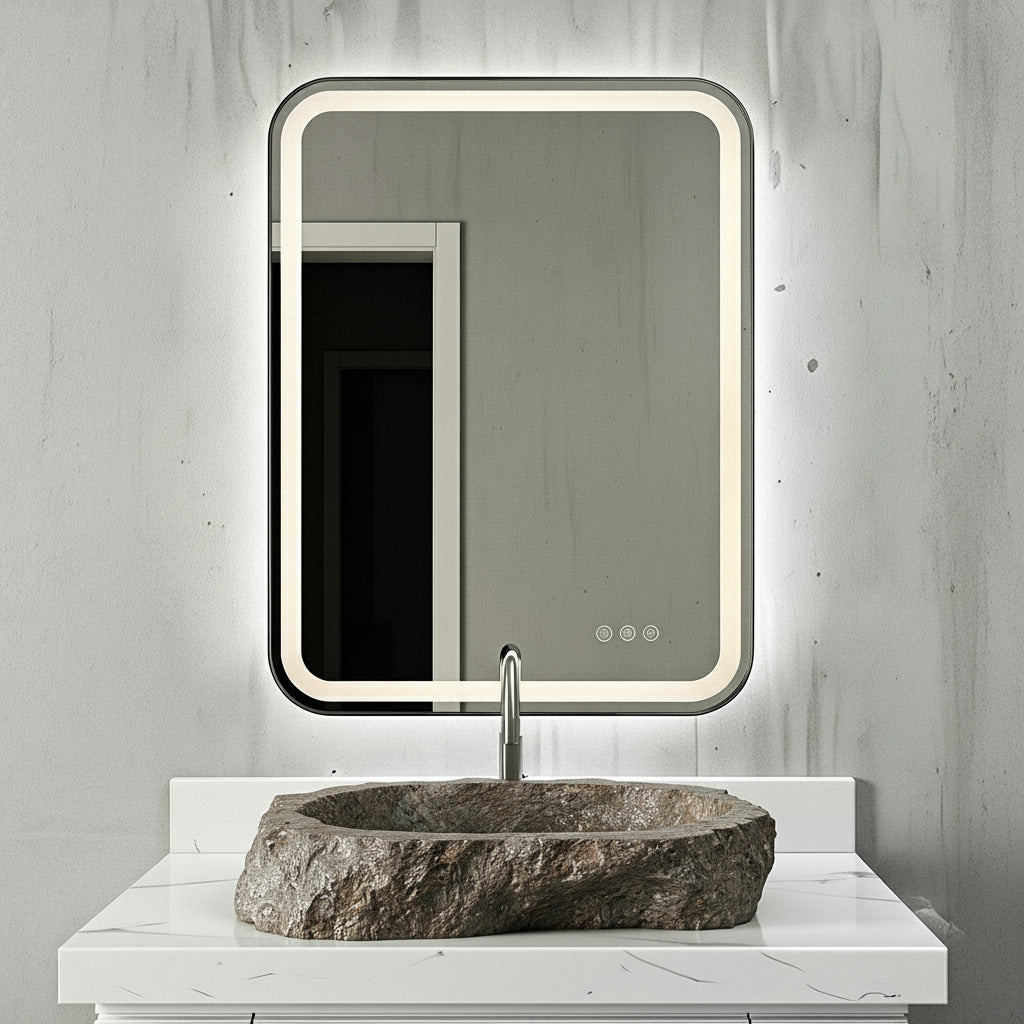 Bathroom vanity with stone sink and illuminated mirror against a gray wall.
