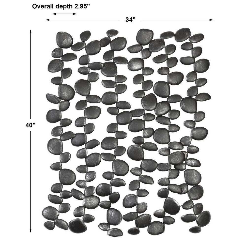 Black pebble mosaic wall panel with dimensions on a white background