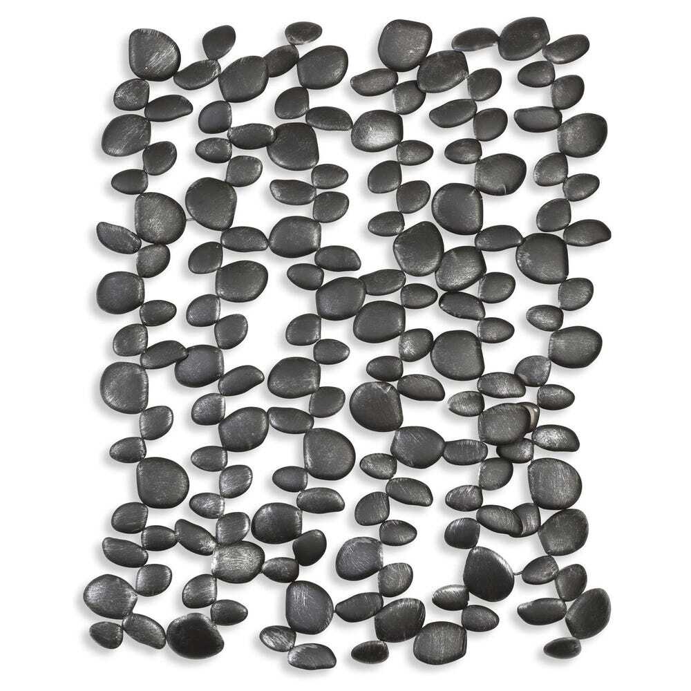 Black pebble metal wall art on a white background.