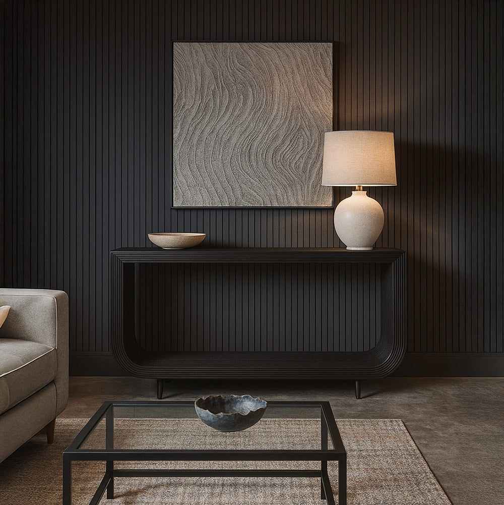 Black rattan console living room.