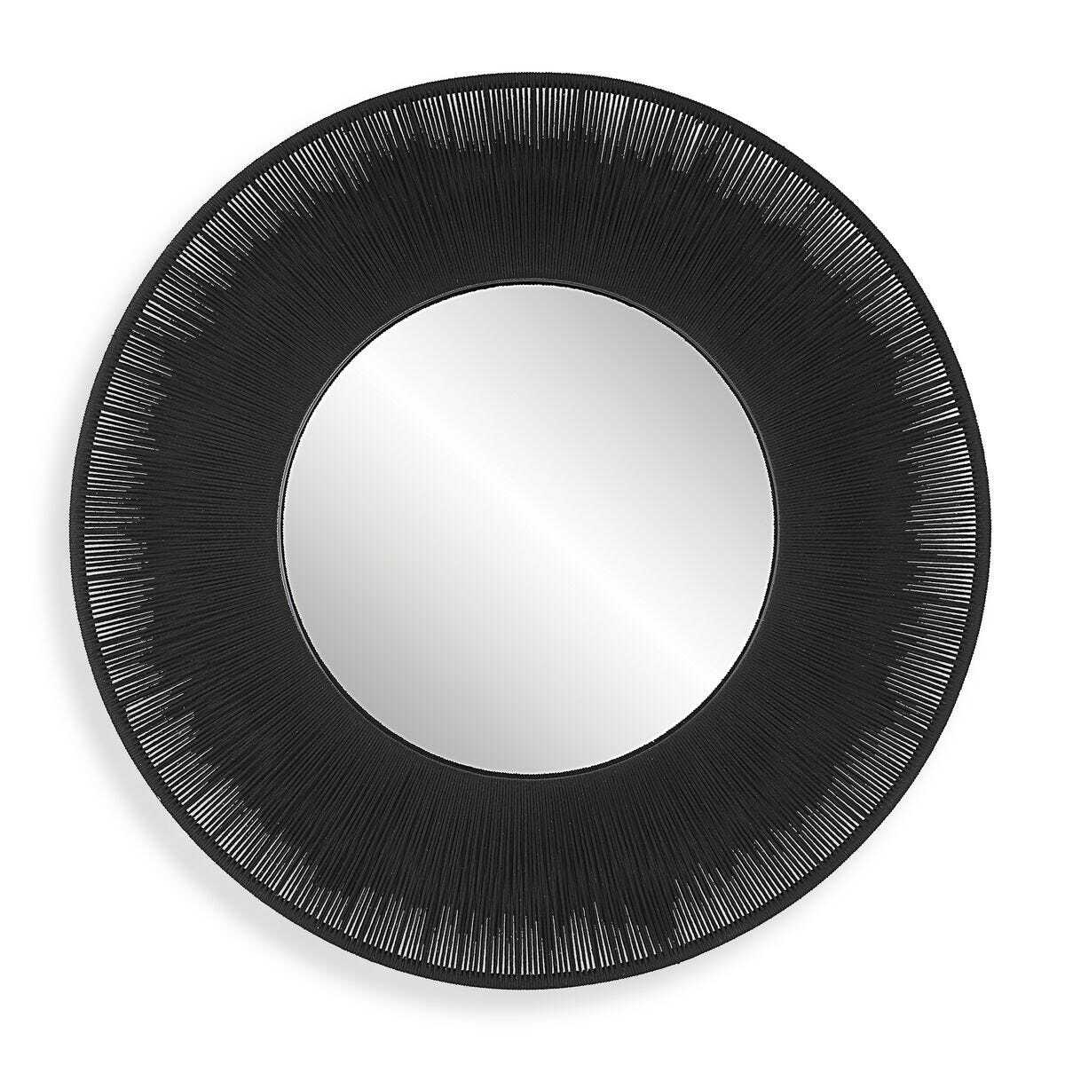 Round mirror with black decorative frame on a white background