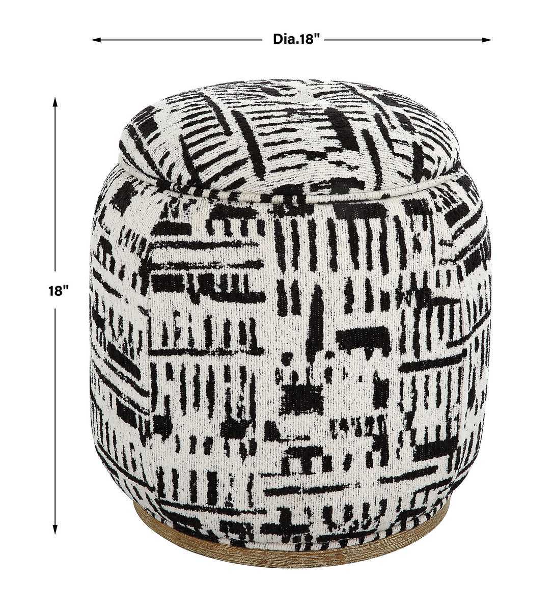 Black and white patterned ottoman with dimensions on a white background