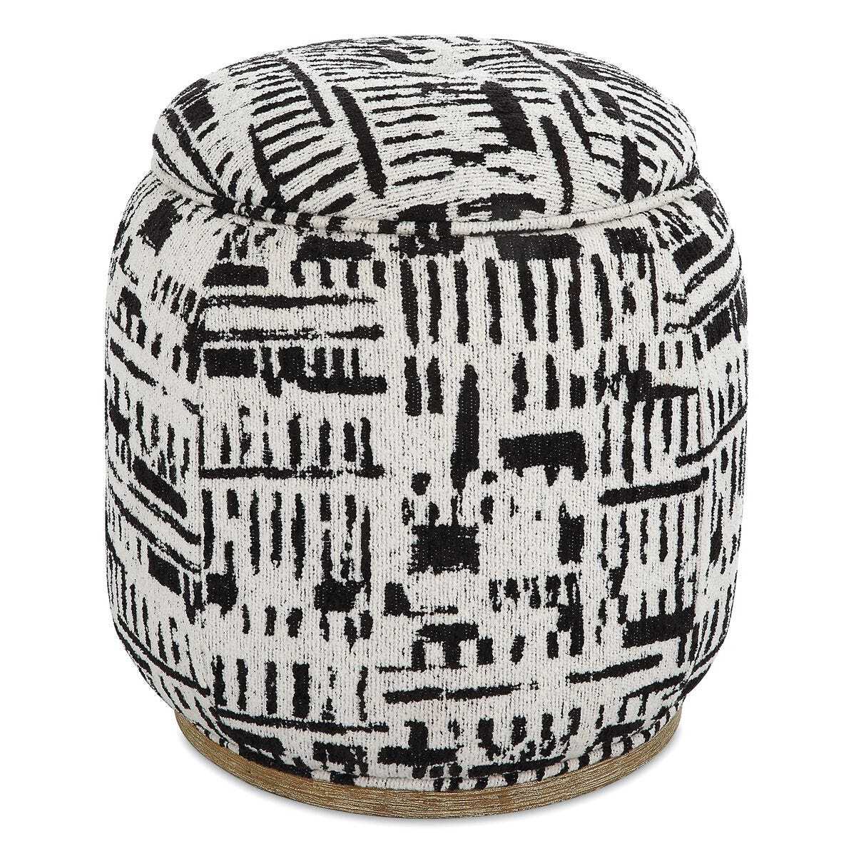 Round ottoman with black and white pattern on a white background