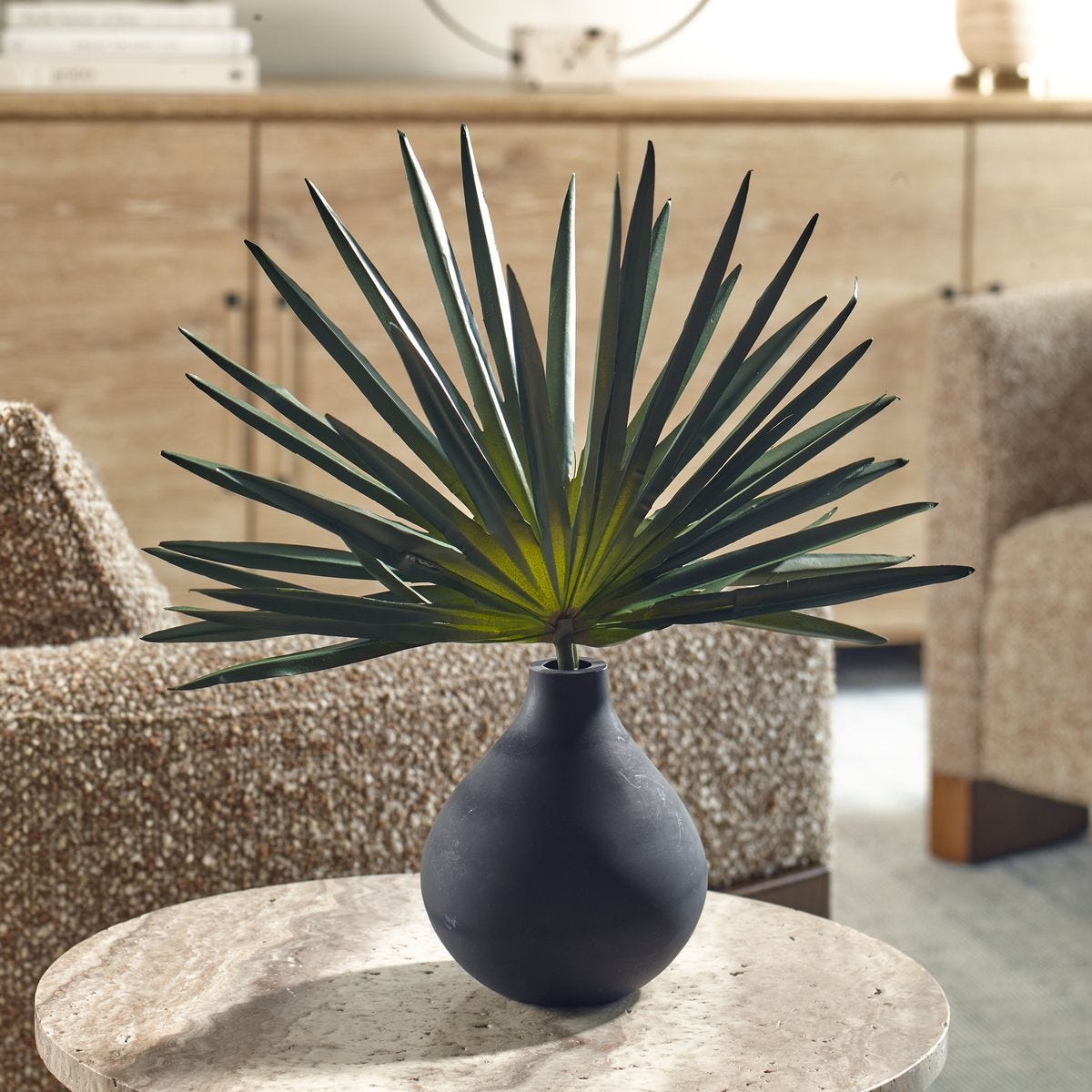 Decorative plant in a black vase on a stone surface with a blurred indoor background