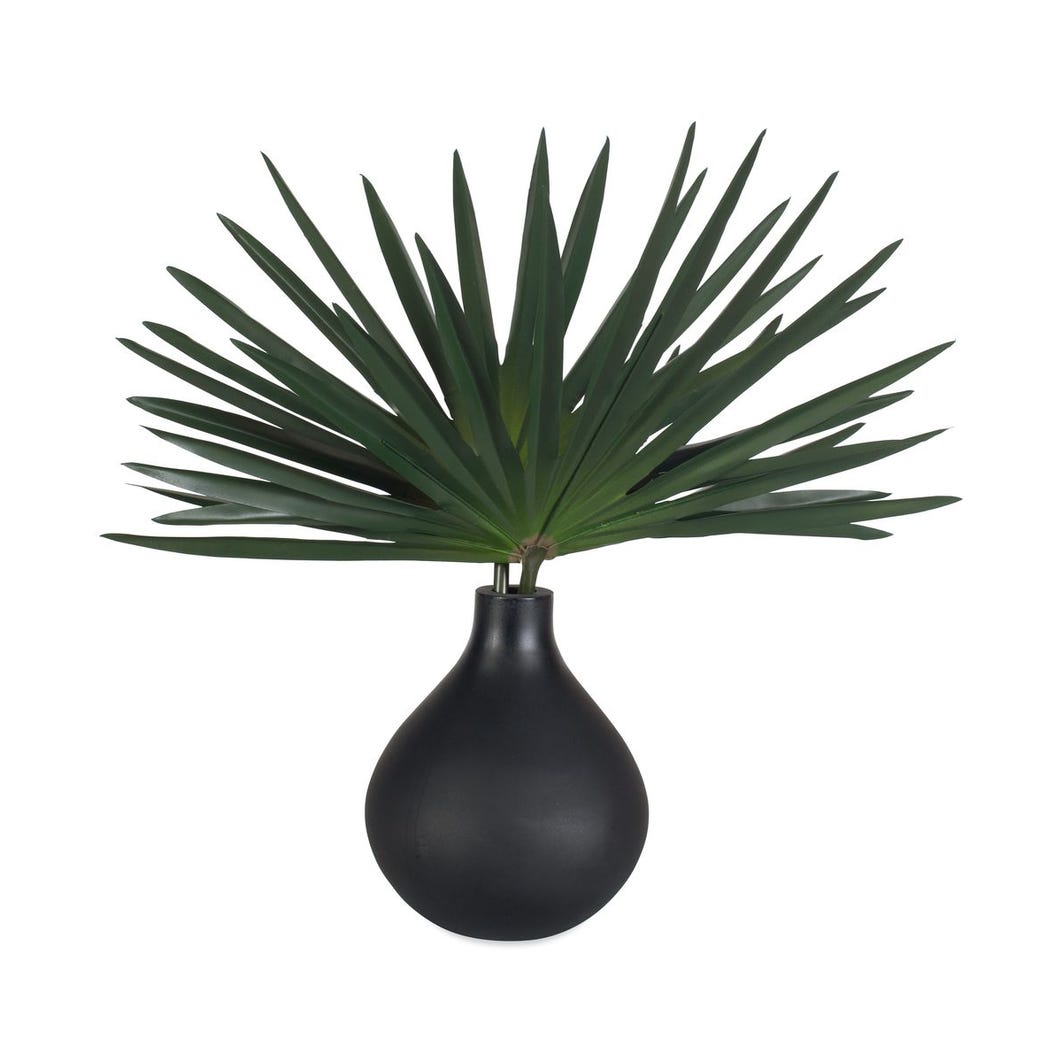 Black vase with a palm leaf on a white background