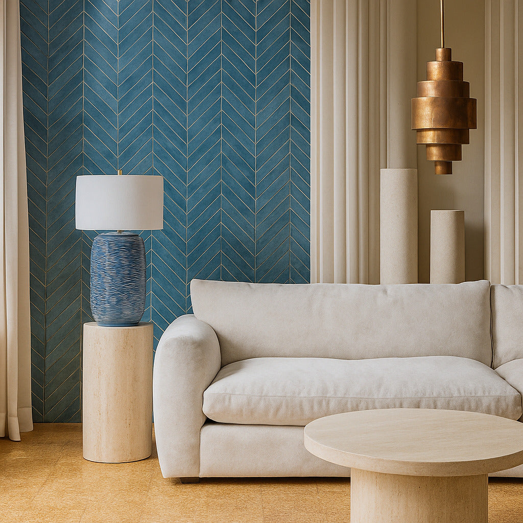 Modern living room with a beige sofa, blue chevron-patterned wall, and decorative lamp.