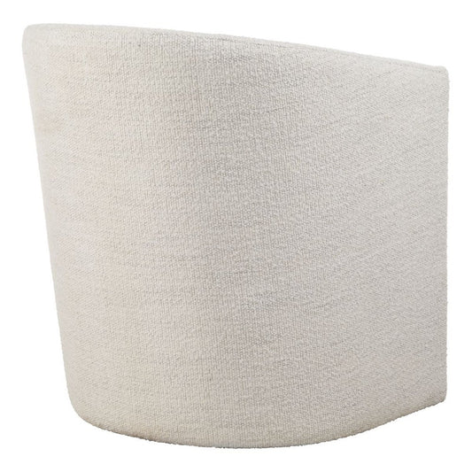 Dining Chair featuring a barrel back design and textured white boucle upholstery with console in background.