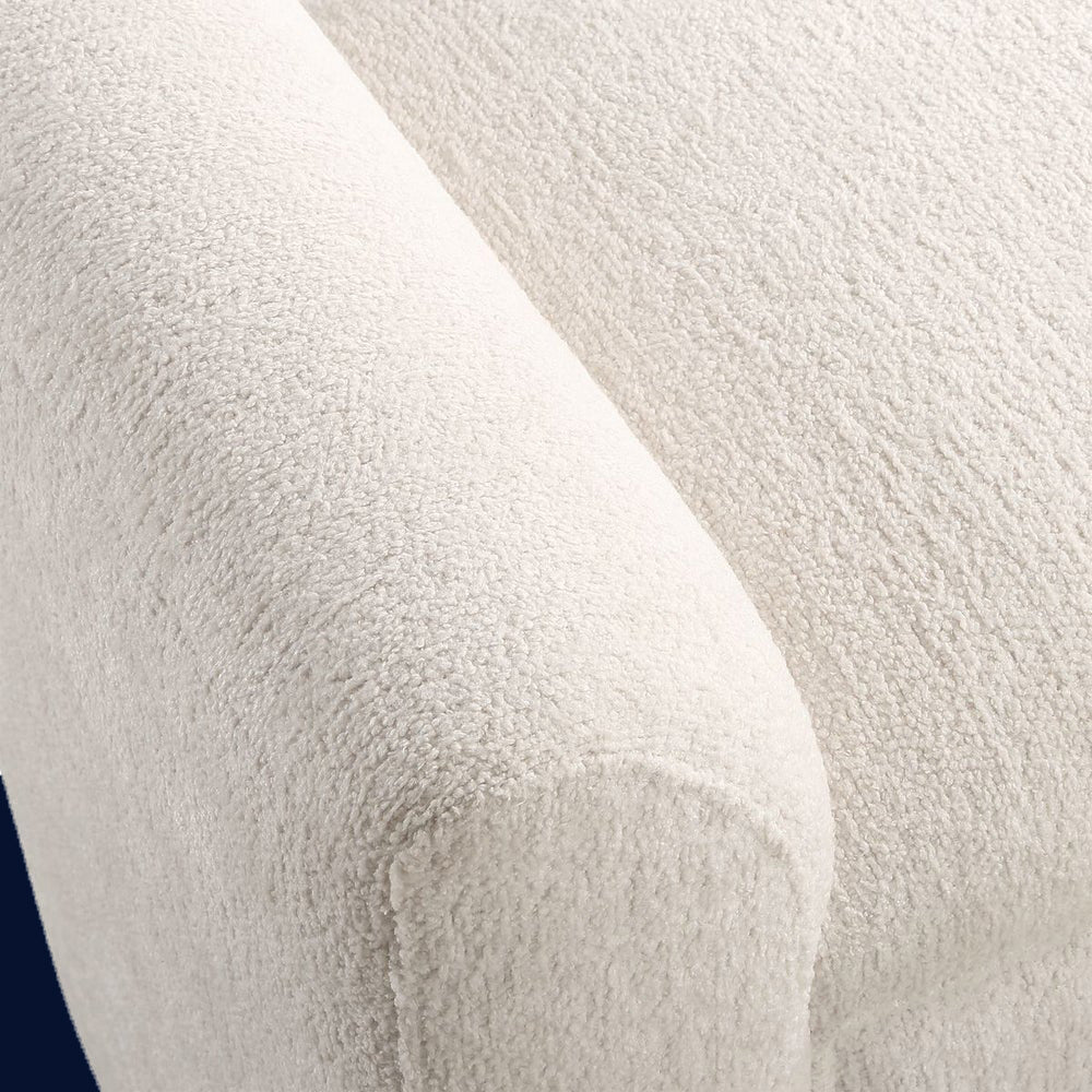 Close up of fabric of white bench boucle.