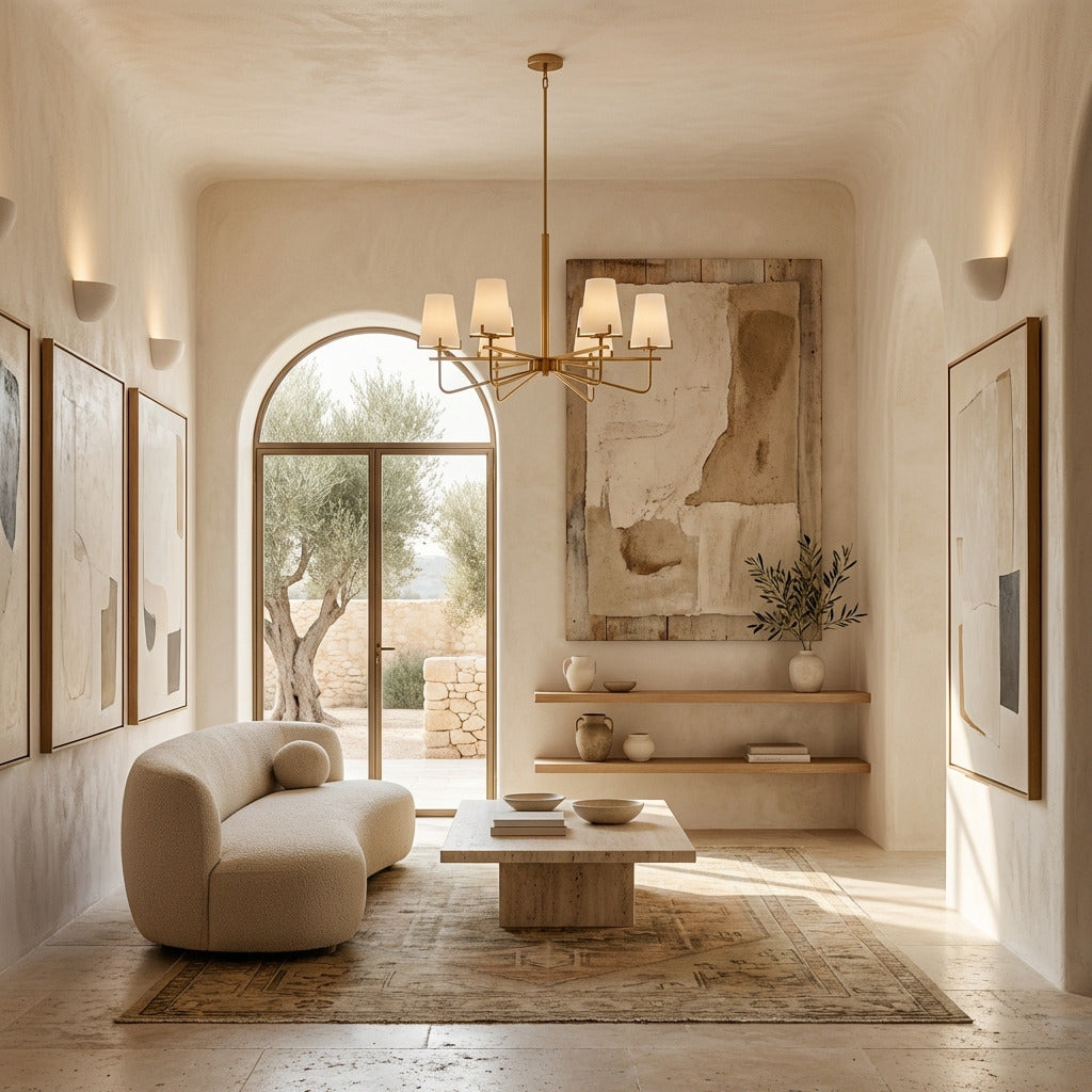 Modern living room with a chandelier, sofa, and artwork.
