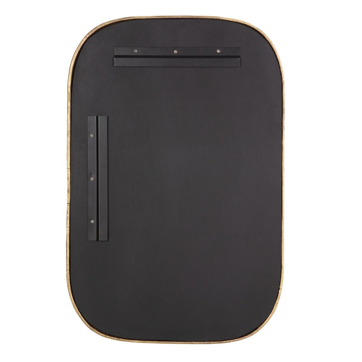 The back of a black rectangular mirror with rounded corners, featuring a gold-toned edge and mounting hardware, shown on a plain white background.