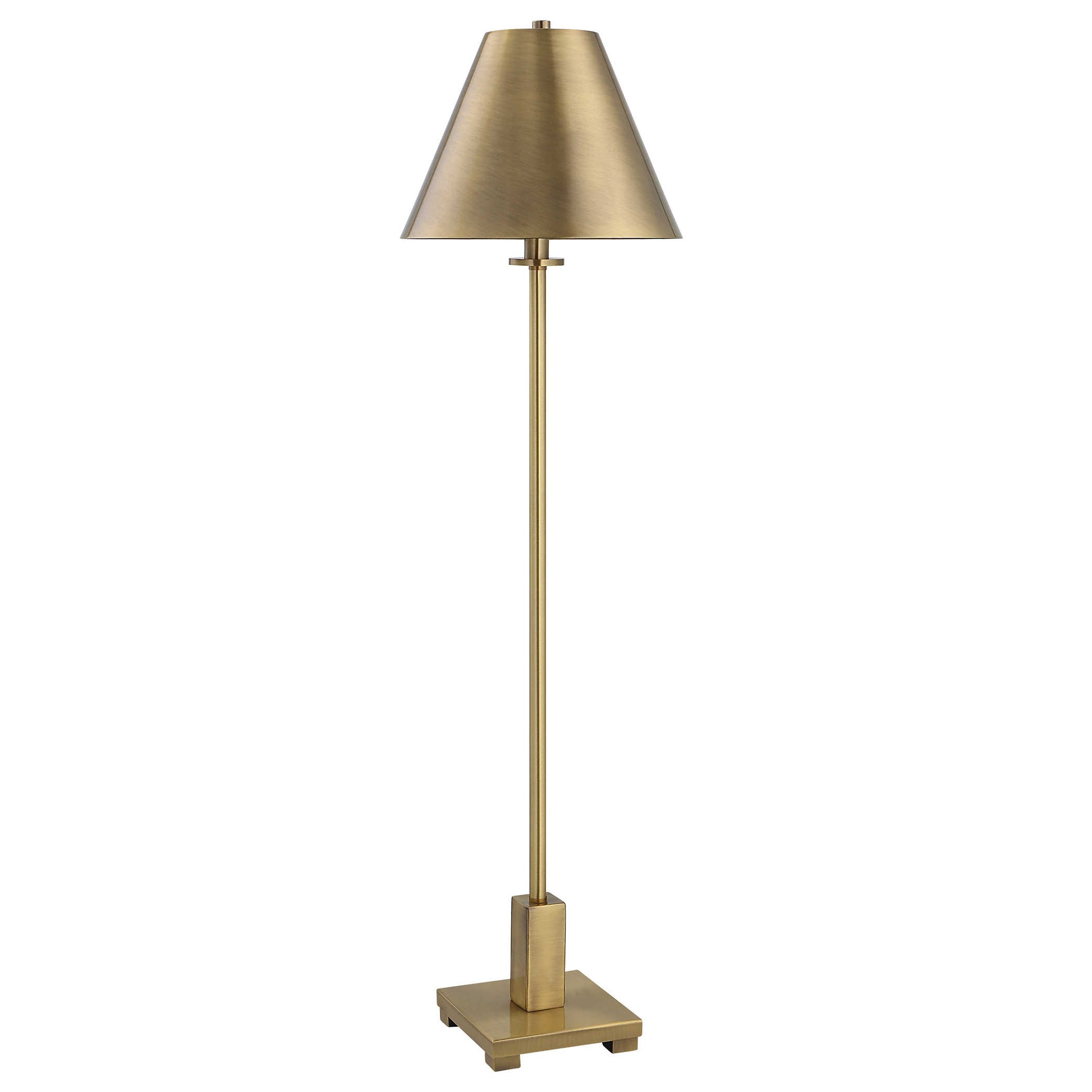 Skinny and tall brass table lamp against a white background.