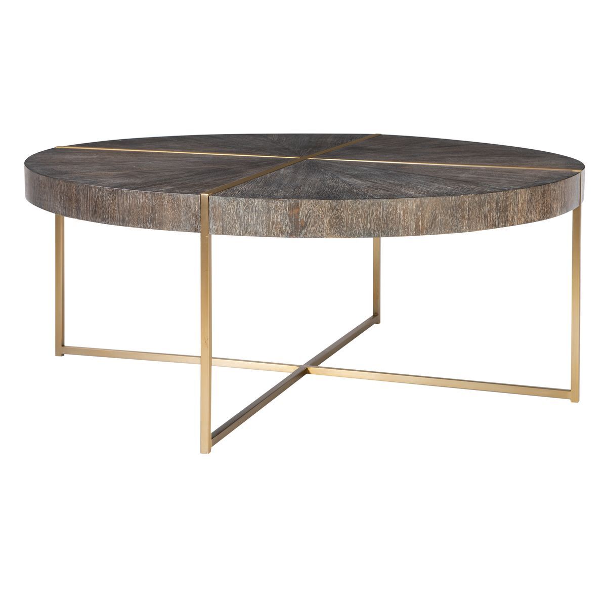 Round coffee table with wooden top and gold metal legs on a white background