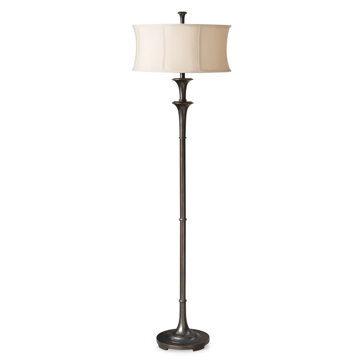 Floor lamp with a beige shade on a white background
