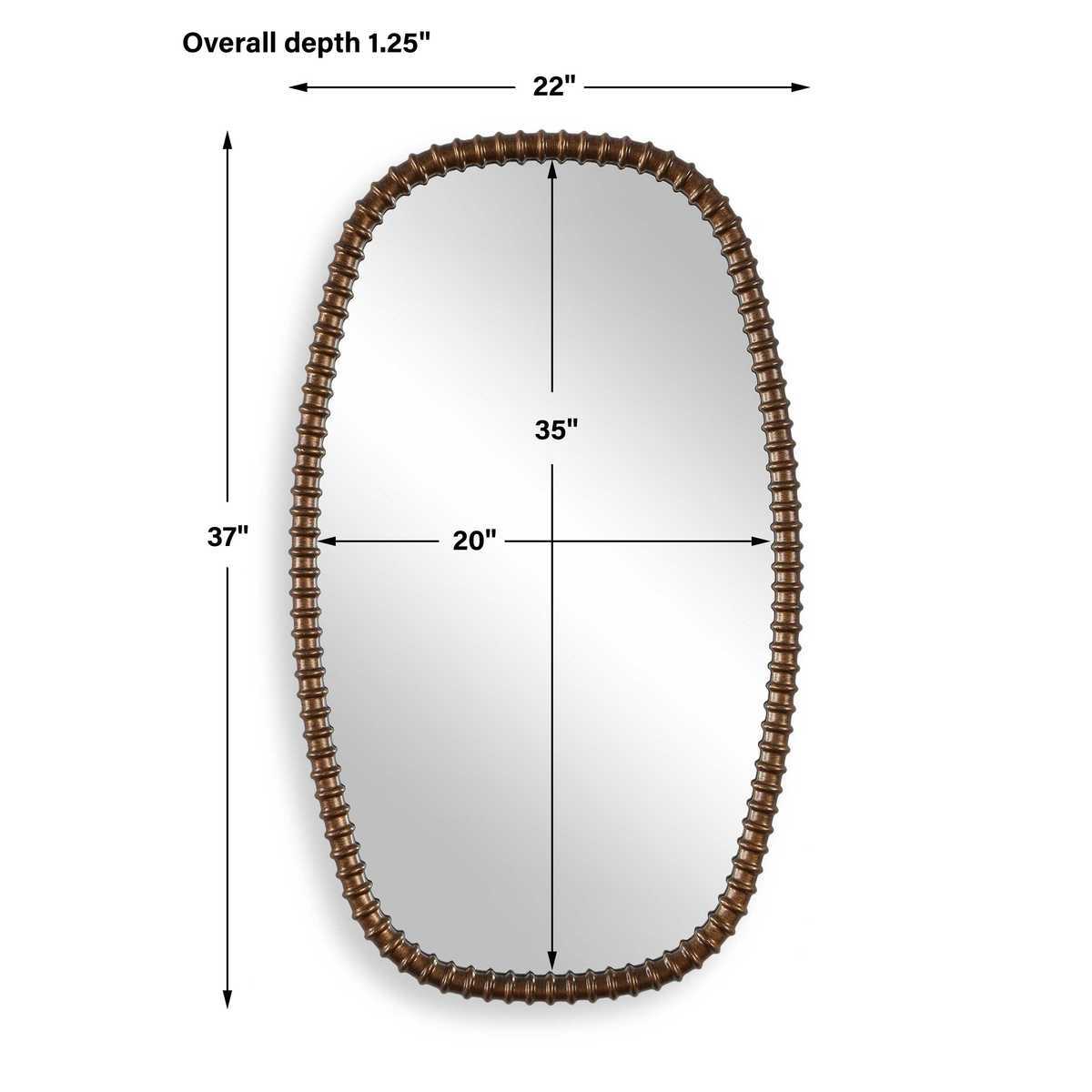Oval mirror with wooden frame dimensions on a white background