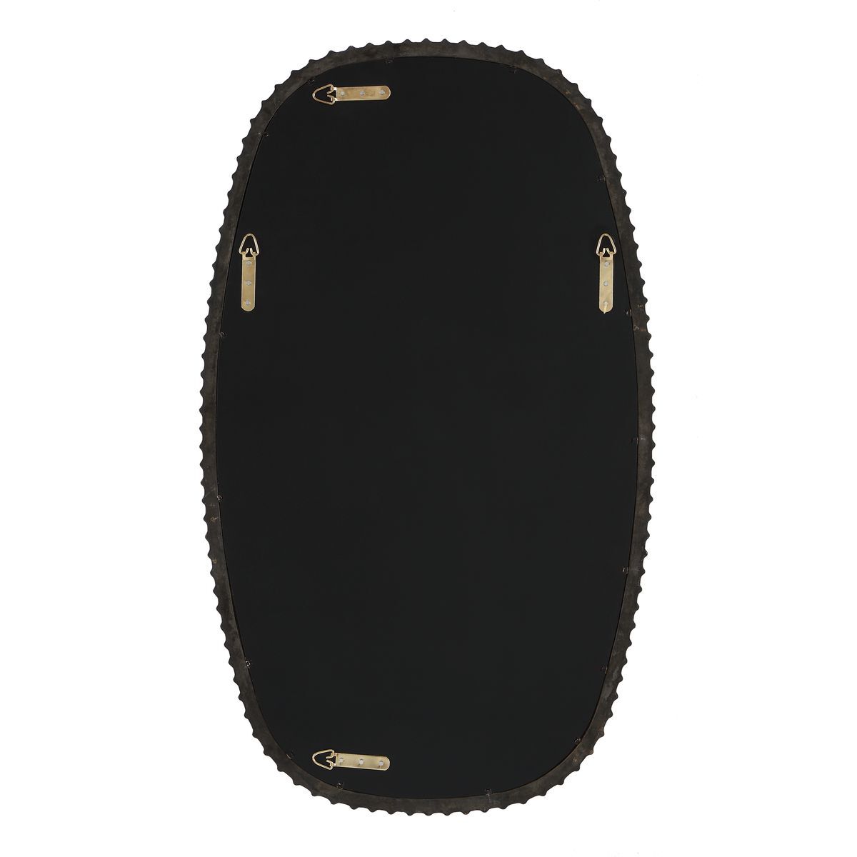 The back view of a black oval wall mirror with a scalloped edge and four gold metal hanging hooks, shown on a solid white background.