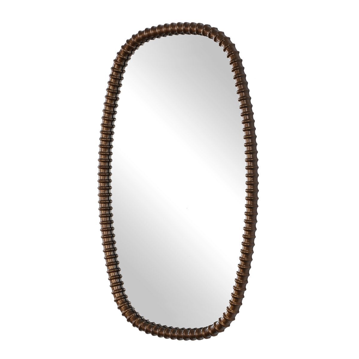 An elongated oval wall mirror with a textured, ribbed dark brown frame, shown against a plain white background.