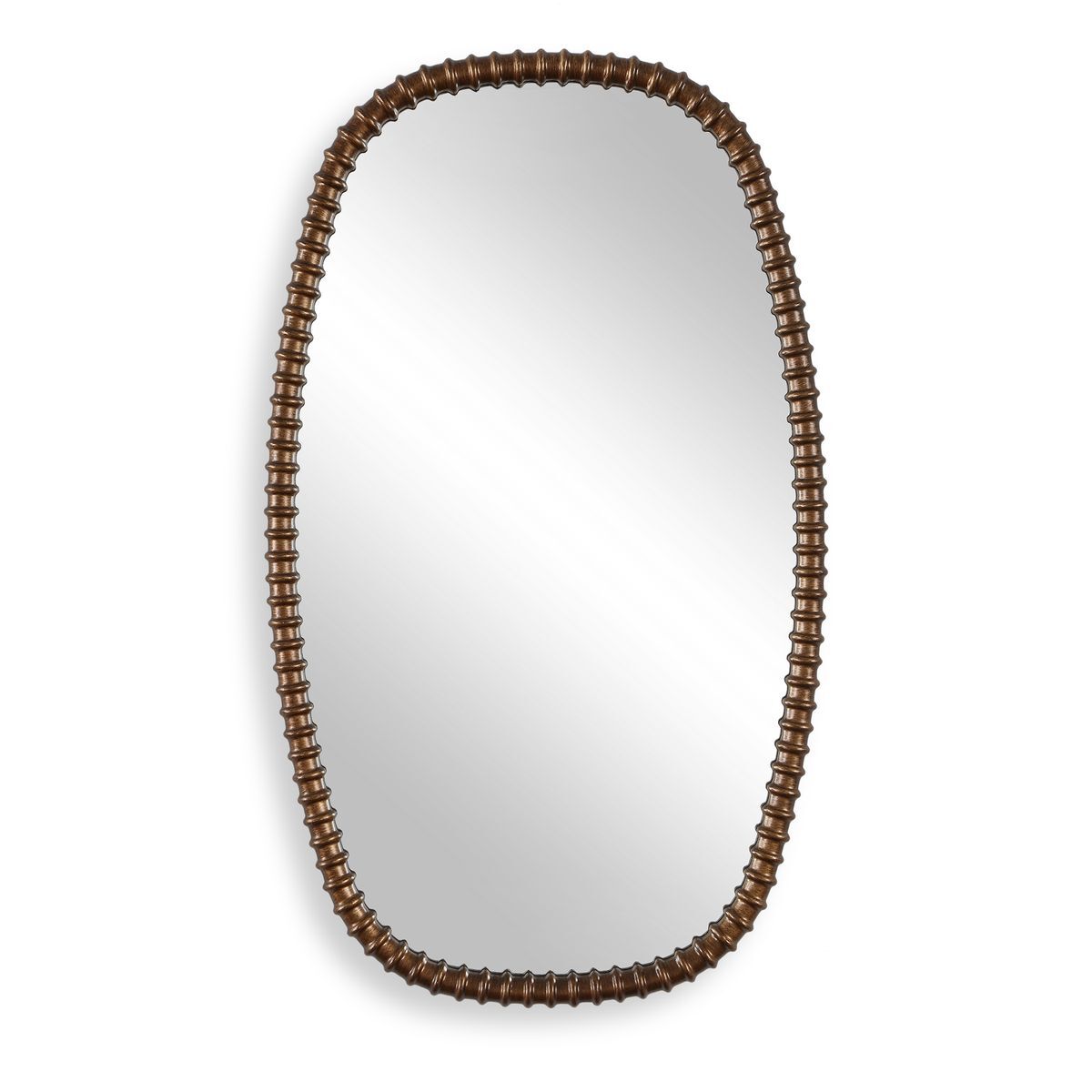 An elongated oval wall mirror with a textured, ribbed metallic bronze frame, shown against a plain white background.