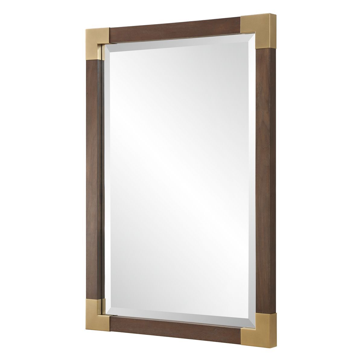 Rectangular mirror with a brown and gold frame on a white background