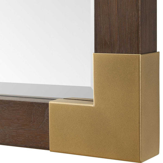 Rectangular mirror with a brown and gold frame on a white background