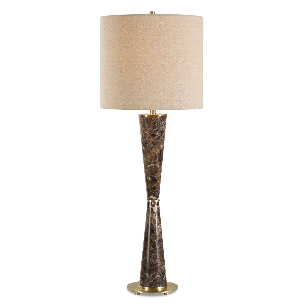 Table lamp with a textured brown base and beige shade on a white background